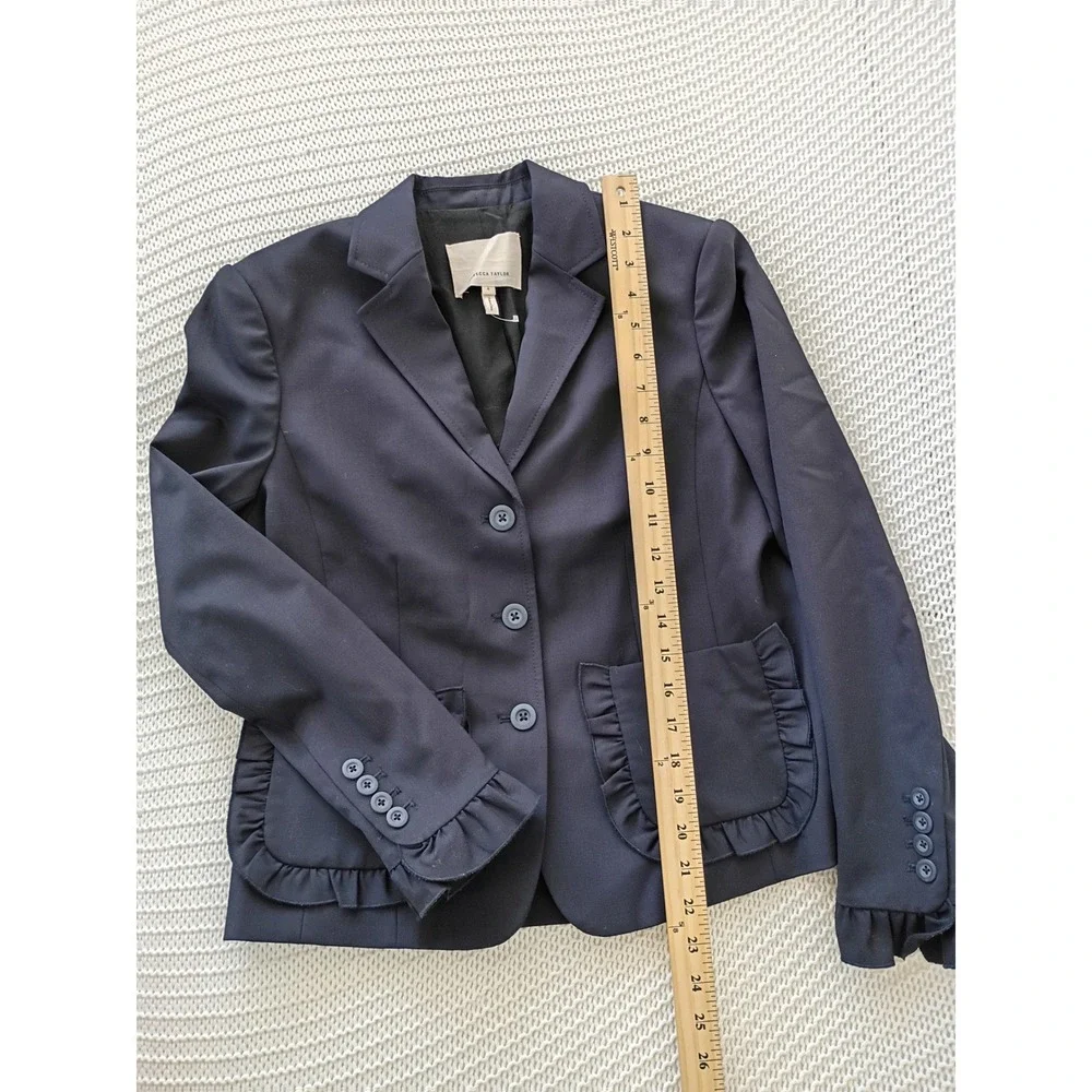 Rebecca Taylor Navy Wool Blend Ruffle Trim Tailored Blazer Jacket Sz‎ 4 S $450